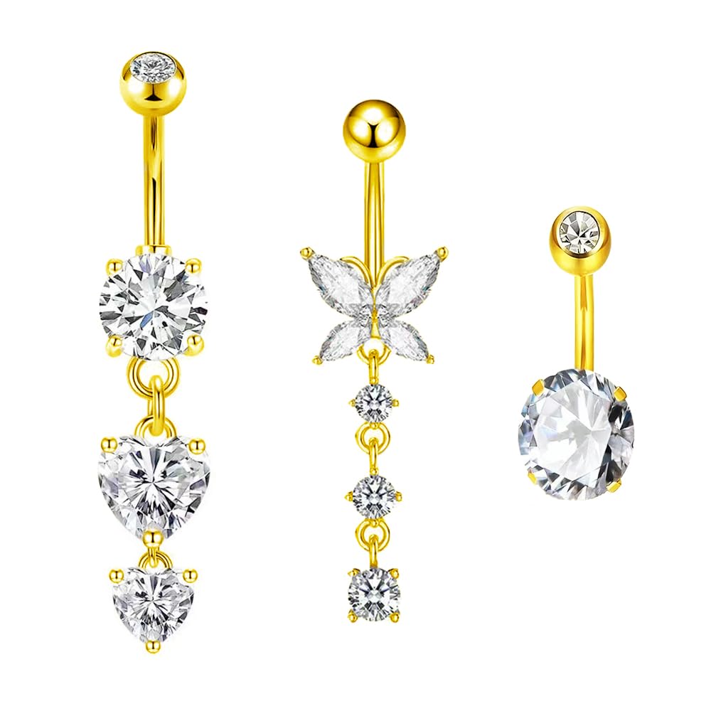 Lucktao 3 Piezas Piercing Ombligo,piercing ombligo oro, Piercing para Ombligo Anillos para, Mujeres Piercing Ombligo Vientre Dangly,joyas oro piercing ombligo mariposa en forma de corazón