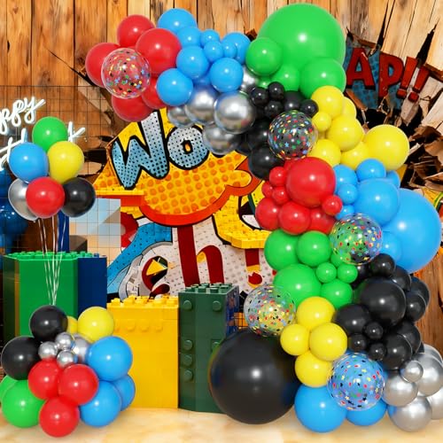Image of Amandir 153pcs Red Blue Yellow Black Green Balloon Arch Kit Different size | 18 12 10 5inch Metallic Silver Star Confetti Colorful Balloons Birthday Carnival Video Themed Party Decorations