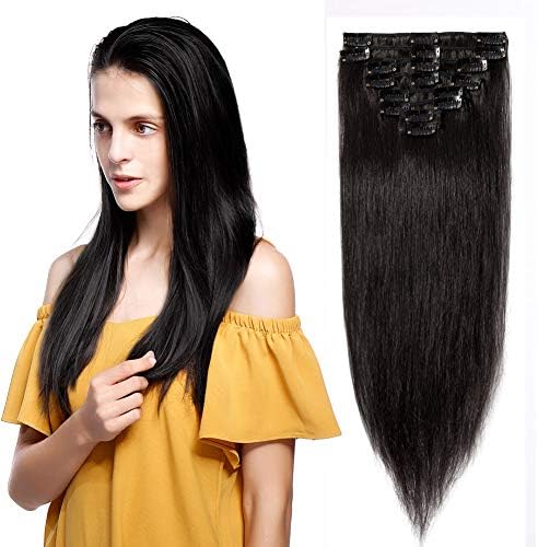 100% Real Remy Clip in Hair Extensions 16-22inch Grade AAAAA Natural Hair Full Head Standard Weft 8 Pieces 18 Clips Long Smooth Soft Silky Straight (22" / 22 inch 80g,#1B Natural Black)