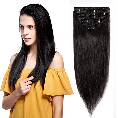 100% Real Remy Clip in Human Hair Extensions #1B Natural Black 16-22inch Grade AAAAA Natural Hair Full Head Standard Weft 8 Pieces 18 Clips Long Straight for Women Fashion 18