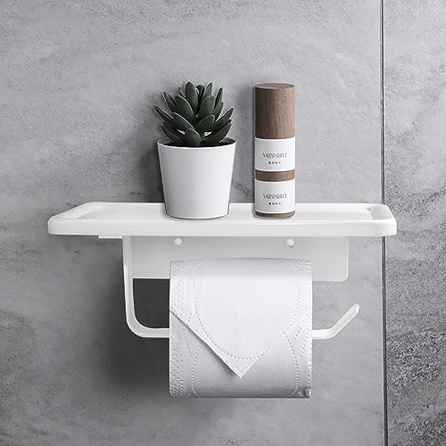 Portarrollos de papel higiénico negro con estantes espaciosos, dispensador de papel higiénico montado en la pared para adhesivo y soporte de papel higiénico montado con tornillo (blanco)