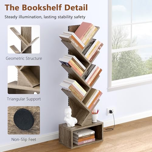 Image of Hoctieon 6 Tier Tree Bookshelf, Tall Bookcase, Freestanding Book Shelf with LED Lights, Display Floor Standing Storage Shelf, Book Organizer Shelves for Home Office, Living Room, Greige