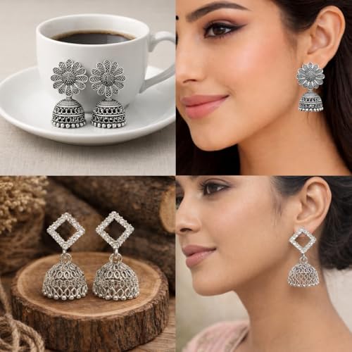 Image of Oxidised Silver Look Jhumka Earrings Box for Women | 16 Pairs Traditional Ethnic Jhumki Combo Gift Hamper with Velvet Box | Festive Wedding Jewellery | Gift For Women