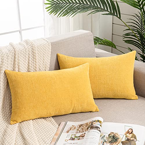 Lumbar Support Pillow Decorative Rectangle Throw Pillow Covers 12X20" Inch Set Of 2,Super Soft Chenille Fall Pillowcase For Living Room Bedroom Sofa Couch Cushion Cover Gold Yellow 30X50Cm (No Insert) #TOP19