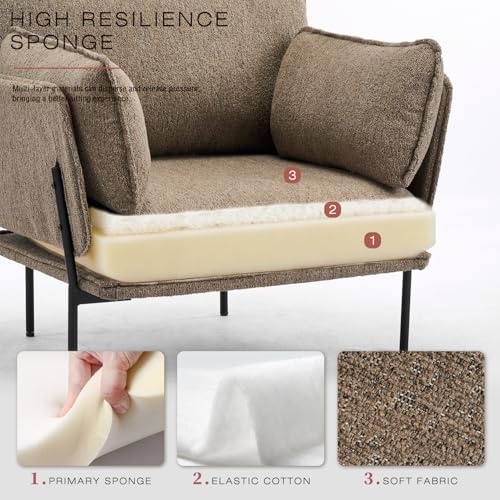 Image of Modern Boucle Accent Chairs Set of 2 for Living Room Chairs,Oversized Upholstered Reading Chair Lounge Armchair with Sturdy Metal Legs,Comfy Single Sofa Chair for Living Room,Waiting Room(Brown)