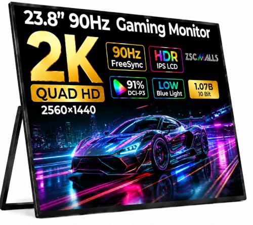 Image of ZSCMALLS 23.8-inch 2K QHD 90HZ 100% sRGB Portable Monitor USB-C HDMI Travel Monitor, Suitable for laptops MacBook PS5 Xbox, VESA installable, with Speakers, Built-in Stand