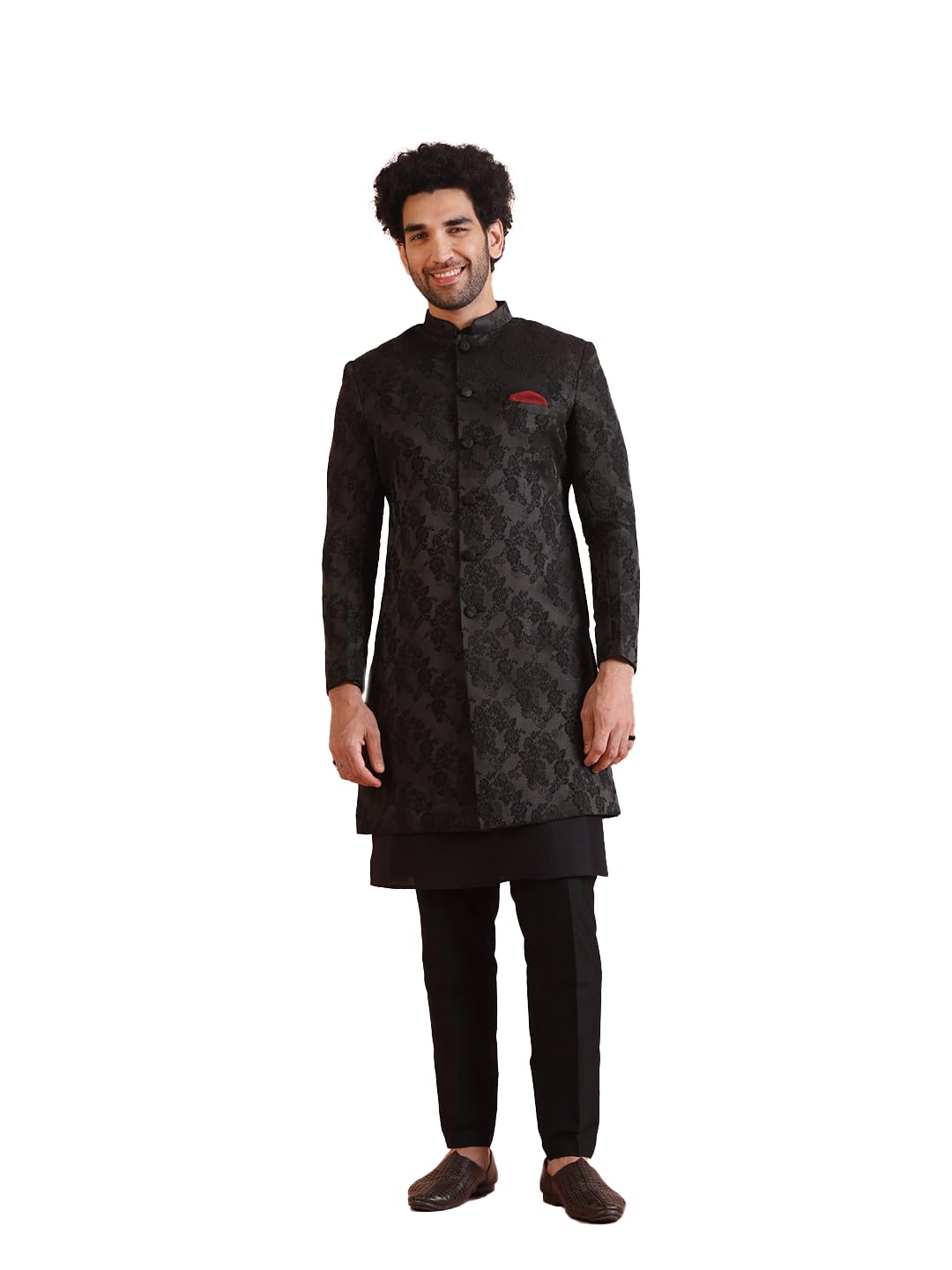 Kisah Sherwani Set For Men  Silk Blend Jacquard Textured Indo Western Sherwani With Kurta And Trouser | Designer Ethnic Outfit For Weddings & Festivals, Black, 36