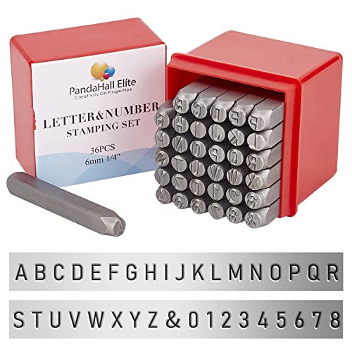 PH PandaHall 36PCS 6mm Lettre à Frapper, Jeu de Timbres en métal, Lettre Alphabet A-Z et Numero 0-8 et &, Outil de Presse pour Perforation de poinçons pour...