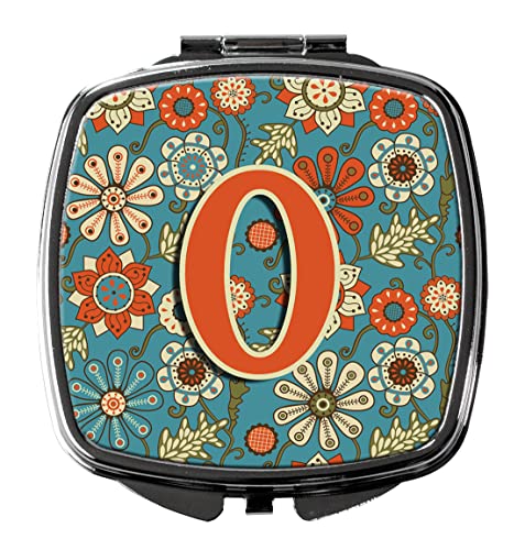 Espejo compacto retro azul cuadrado con flores