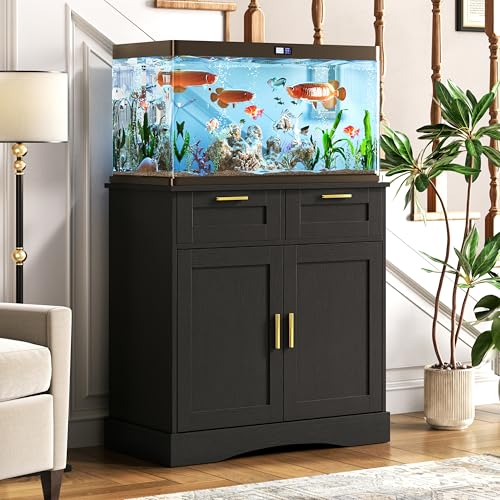 Image of 20 Gallon Fish Tank Stand, with Storage Cabinet and 2 Drawers Fish Tank Stand, Fish Tank Accessories Storage, for 20-29 Gallon Aquarium Stands PTBX01BK (Black, 30.71'' x 15.75'')