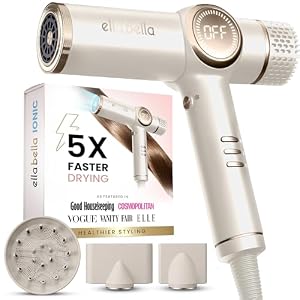 ELLA BELLA® Professional Ionic Hair Dryer with Diffuser • Negative Ion Blow Dryer • Suitable All Hair Types • Intelligent Heat Control & Rapid Drying Speeds • Lightweight Design • Low Noise Technology