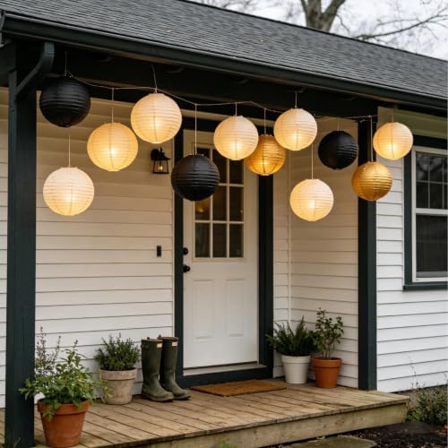 Image of Cream Black Gold Chinese Paper Lanterns with LED, 10-Pack 10inch | Hanging Lights for Engagement Party, Modern Wedding, Anniversary, Birthday Decorations & Art Deco Party
