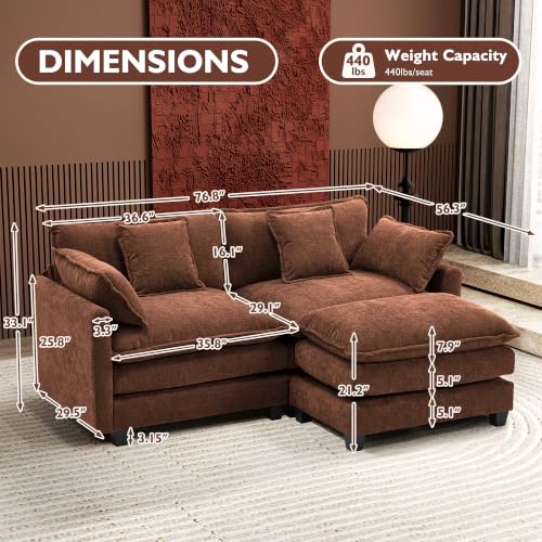 Image of Ihanherry 77 inch L Shaped Modern Sofa Modular Sectional Luxurious and Comfortable with Ottoman, 3-Seat Chenille Deep Seat Sofa with Pillow for Living Room, Bedroom and Apartment,Brick Red
