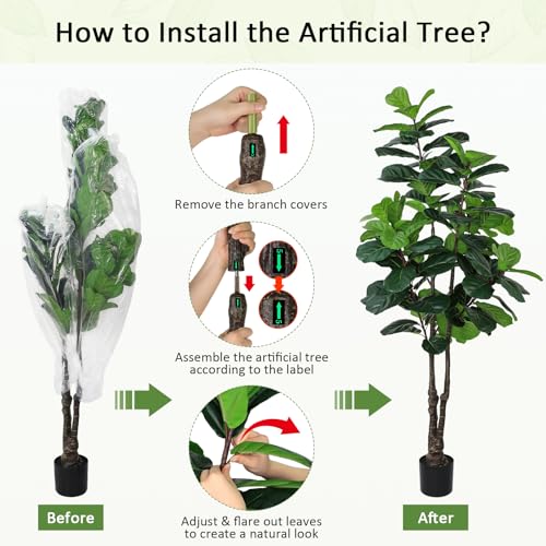 Image of Fiddle Leaf Fig Tree Artificial Plants Indoor - 6ft Realistic Fake Plants Ficus Lyrata Trees, Faux Trees Indoor Floor Plant for Home Decor Living Room Office Christmas Housewarming Gifts