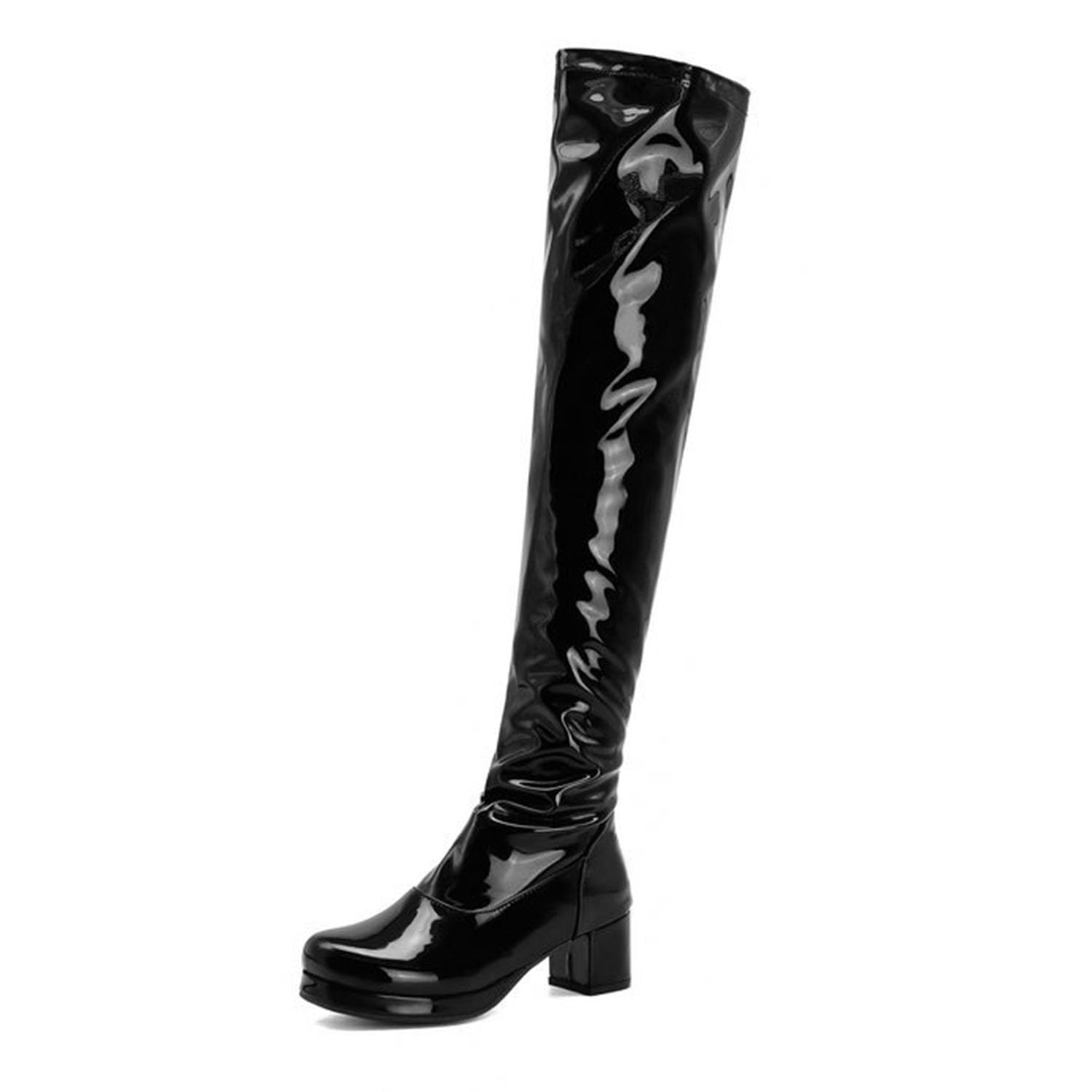 Overknee-Stiefel mit Reißverschluss hinten für Damen, Plateaustiefel mit quadratischer Zehenpartie, klobigem Absatz, Lange Stiefel aus Lackleder