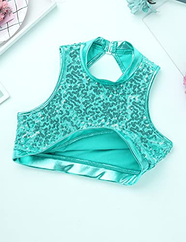 Girls 2Pcs Dance Sports Outfit Shiny Sequins Cutout Back Crop Top Booty Shorts Gymnastics Dancing Clothes4