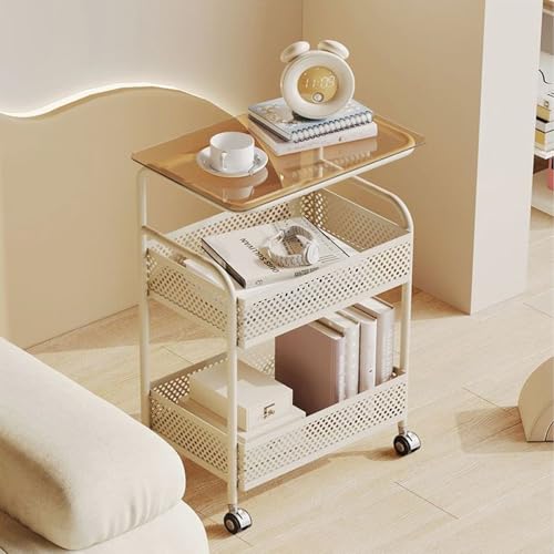 DXDRT Table d'appoint à 3 Niveaux avec roulettes, Table de Chevet à roulettes avec étagère de Rangement, Support de Rangement à roulettes pour Chambre à Coucher,Blanc
