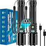 Torch Rechargeable 2 Pack, Torches Led Super Bright 500000 High Lumens, 5 Modes Zoomable Flashlight with LCD Display, Long Lasting, IPX7 Waterproof, Powerful Tactical Flashlight for Camping, Hiking