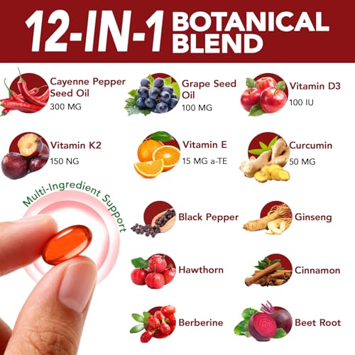 Image of Cayenne Pepper Capsules, Cayenne Pepper Capsaicin Supplements Support Leg Vein, Heart Health and Blood Circulation, with Vitamin E D3 K2 and Extracts of Grape Seed, Beetroot and Turmeric, 240 Softgels