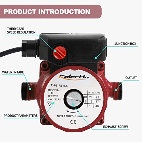 KOLERFLO 3/4 Inch Hot Water Circulating Pump 3-Speed Circulation Water Pump for Solar Heater System(RS15-6 Red)