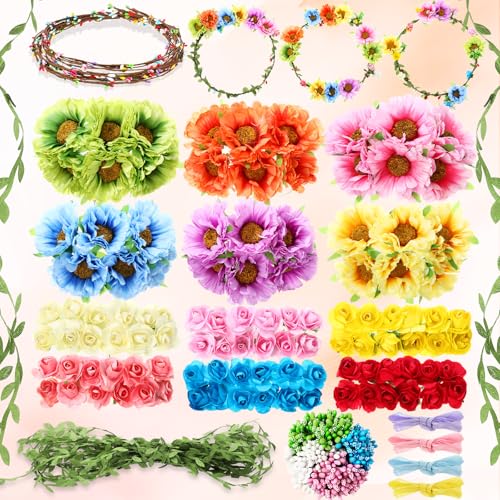 Suncalla 30 Sets Flower Crowns Making Kit, Make Your Own Flower Crown Wreath Garland Headbands and Bracelets Craft Kit Handmade DIY Floral Hair Accessories Gift for Women(Azalea)
