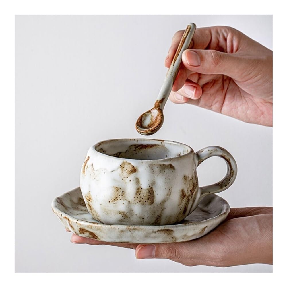 Kubki Ręcznie robiony, surowy ceramiczny kubek do kawy, filiżanka latte, spodek, łyżeczka, zestaw do Latte, Gorącej Herbaty, Mleka