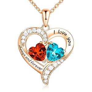 18K Rose Gold Heart Necklace, Valentine’s Day Gifts, Jewelry for Women with 2 Birthstones, Customized Gifts for Mom Wife, I Love You Always and Forever, Gold, Cubic Zirconia