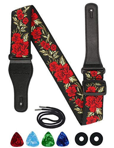 STARRYCITY Guitar Strap,Jacquard Weave Embroidered Strap,Adjustable Woven Rose Guitar Strap 60 s,For Kids and adults,For Bass,Electric & Acoustic Includes 2 Strap Safety Locks & 4 Picks (rose)