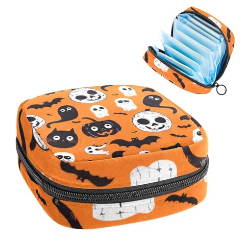 Portable Menstrual Pad Bags, Large Capacity Sanitary Napkin Storage Bag, First Period Kit for Girls Women, Zipper Nursing Pad Holder Halloween Ghost Pumpkin Bat