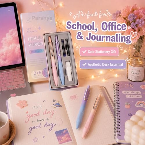Image of KiddieWorld Gradient Fountain Pen Set with 6 Ink Refills & Storage Box | Cute Aesthetic Click Fountain Pens for Journaling, School, Office Writing Gift for Women & Students