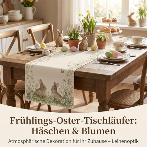 Ostern Tischläufer mit Hasen und Blumen, Waschbare Frühling Tischdekoration für Küche und Esstisch, für drinnen und draußen, Ostergeschenke, 140x40 cm
