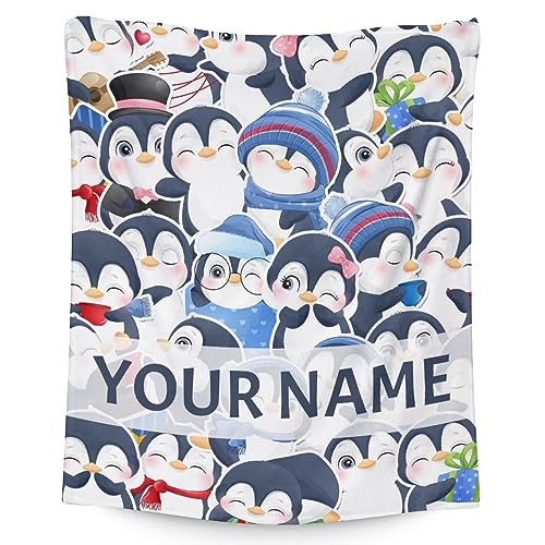 Custom Penguin Blankets with Name - Soft Warm Blanket Throw for Kids, Adults - 40"x50" Flannel Blankets for Couch, Sofa - Blue Cute Blanket Gifts