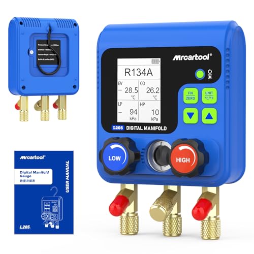 Manómetros múltiples digitales HVAC con 92 refrigerantes, manómetro múltiple digital L205 para pruebas de presión y fugas con pantalla HD a color de 2.4'compatible con