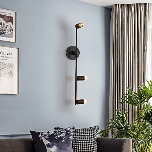 Image of 3 Lights Matte Black Vintage Lighting, Bedroom Wall Sconces, Modern Wall Mounted Lights, Porch Hallway Lamp for Living Room Bedroom Bathroom Mirror (E26 Base) (Black, 1)