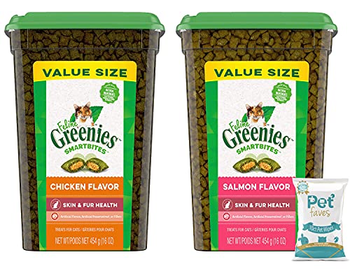 Greenies (2 Pack) Feline SMARTBITES Healthy Skin and Fur, Chicken and Salmon Falvor 16oz, with 10ct Pet Wipes