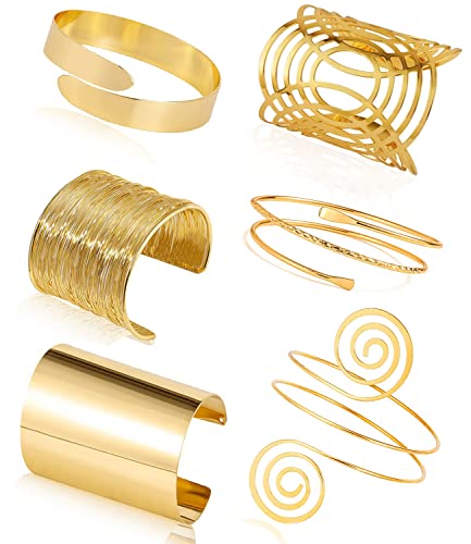 COLOYAN 6Pcs Gold Arm Cuff Set - Adjustable Minimalist Simple Coil Bangle Wide Wire Grooved Cuff Open Arm Band Bracelets for Women
