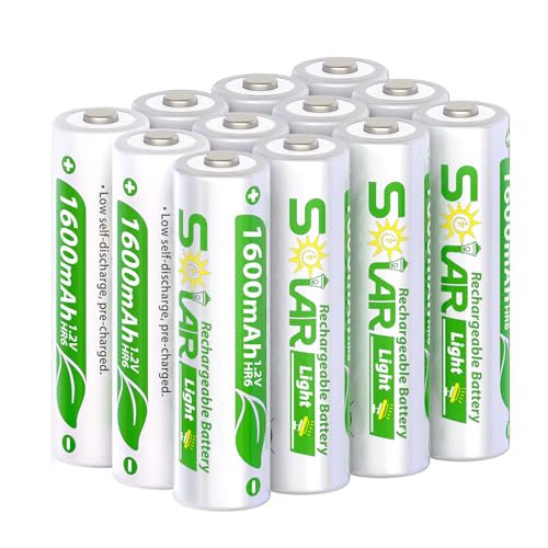 WENJOOP 12 Pack AA Rechargeable Batteries for Solar Lights, NiMH 1.2V 1600mAh Precharged Low Self-Discharge, Replacement Batteries for Outdoor Garden Pathway Deck Fence String Lights