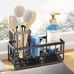 Kitsure Sponge Holder for Kitchen Sink – Rustproof Stainless Steel Sink Caddy Organization and Storage with High Brush Holder, Home Decor Gadget, 7.9″ x 3.7″ x 6.2″, Black