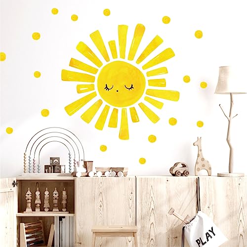 MOSITU Large Sun Wall Decal 37 Pcs Yellow Sunshine Stickers with Small Polka Dot Watercolour Boho Sunlight Wall Decals for Nursery Bedroom Playroom Kids Room Decor - Image 3