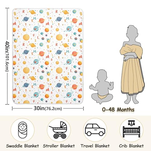 Image of Baby Swaddle Blanket for Baby Boy and Girl Soft Warm Security Bed and Play Blanket for Infant Toddler 30X40in Cartoon Outer Planets and Alphabet White