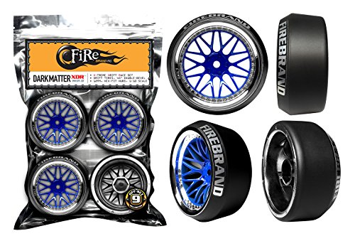FIRE BRAND RC® DarkMatter-XDR9™ Baller-Blue & Ice-Chrome On-Road Drift Wheels w/Diamonds™ 45?/5? Double-Bevel Drift Tires, 1:10 Scale, 12mm Hex-fit, 9mm Off-Set (Set of 4), Pre-glued