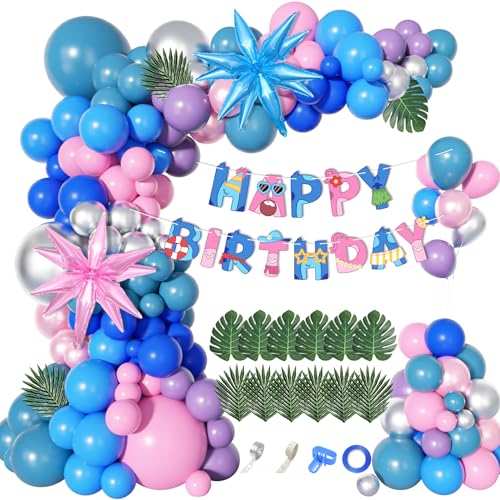Ouddy Life 160Pcs Pink and Blue Balloons Arch Kit Purple Metallic Silver Star Foil Balloon Happy Birthday Banner Palm Leaves for Birthday Hawaii Tropical Summer Baby Shower Cartoon Party Decorations