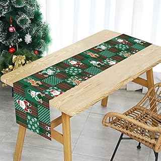 Christmas Table Runner, Green Buffalo Plaid Merry Christmas Table Decoration, Santa Claus Elk Snowman Holiday Tablecloth for Dresser Scarves Dining Farmhouse Kitchen Coffee Table Xmas Party Decor