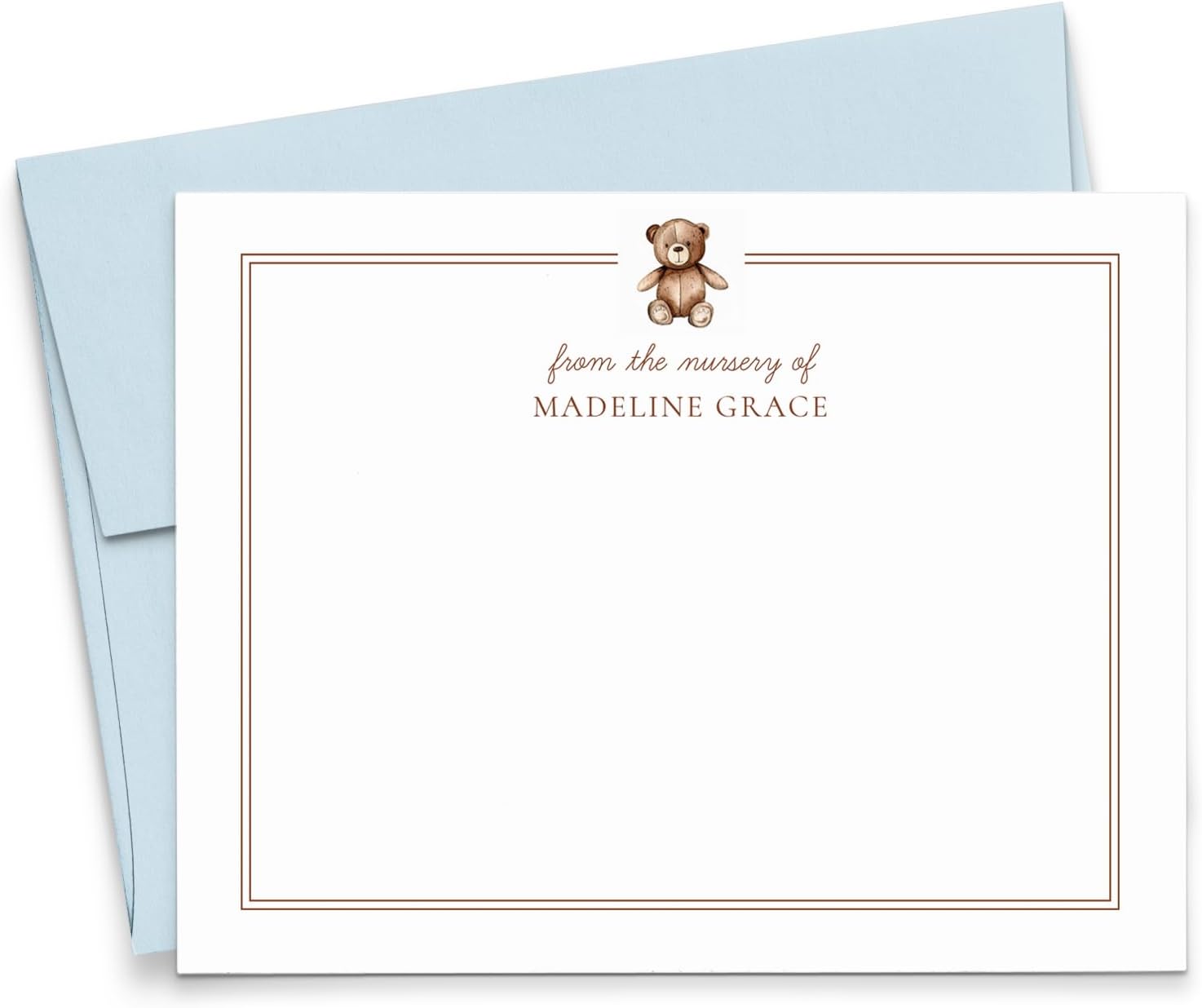 Personalized Baby Note Cards With Envelopes, FLAT Teddy Bear Baby Shower Thank You Card With Name, Cute Bear Stationery Notecards With Border, Animal Stationary Set, Your Choice of Colors And Quantity