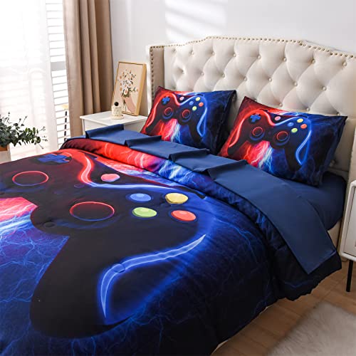 Meeting Story Gamer Gaming Bedding Sets Red-Blue Lightnings Gamepad Comforter Set For Boys Games Console Action Buttons Novelty Colorful Modern Room Decor Home Quilt Set (Red-Blue, Twin 5Pcs) #TOP7