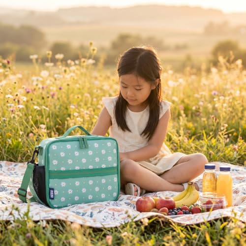Image of Wildkin ECO rPET Insulated Lunch Box for Kids, Daisy | 11 x 9.5 x 3.5 in insulated rPET lunch box with bottle pocket, interior mesh pocket and removable shoulder strap.