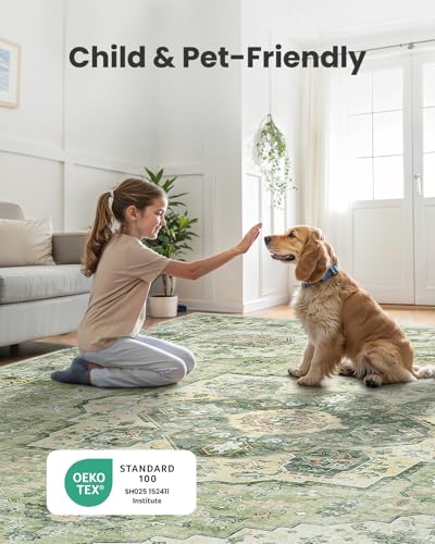 AMADA HOMEFURNISHING 8x10 Area Rug, Washable Low-Profile Large Area Rug with Non-Slip Backing & Durable Edge Binding, Vintage Large Rugs for Living Room, Bedroom