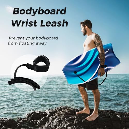 GYMAX Body Boards for Beach, 33\"/37\"/41\" Body Board with EPS Foam Core, Crescent Tail, Dual Channel & Wrist Leash, Lightweight Bodyboard for Kids, Youth, Adults (Blue Wave, 33inch) - Thumbnail 6