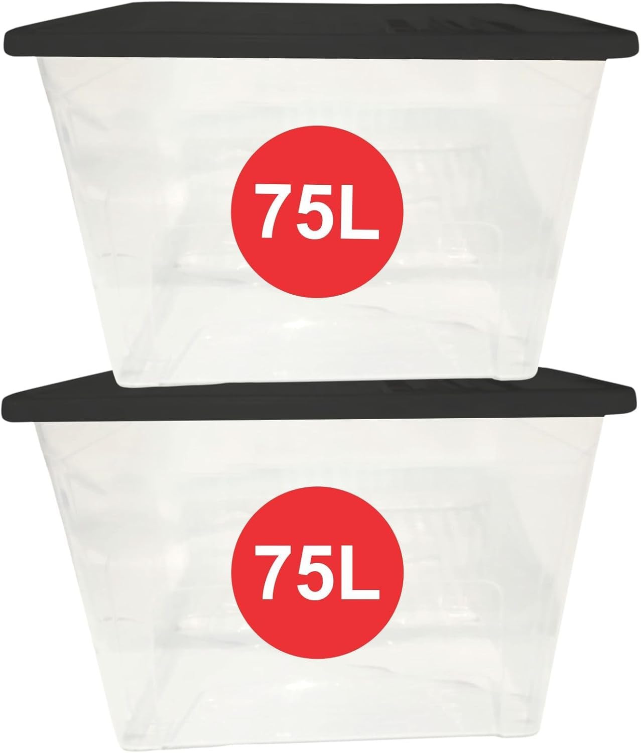 RelianceUK 2 X 80L Plastic Storage Boxes with Black Lid - (80 Litre / 2 Pack) Nestable, Stackable, Durable Clear Storage Boxes with Lids for Home Office Kitchen - Made in U.K. Storage Containers
