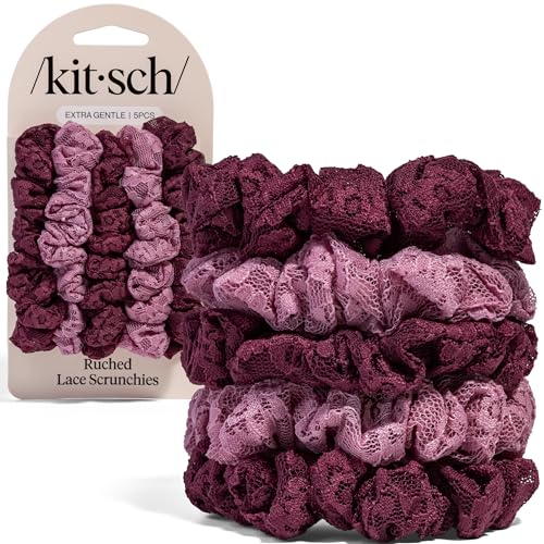 Image of Kitsch Ruched Lace Scrunchies For Women - No Crease, Gentle Hold, Frizz-Free Hair Scrunchies | Soft Lace Hair Accessories for All Hair Types - Cherry Lacquer & Dusty Pink, 5pc Set